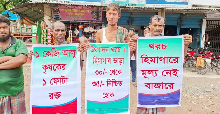 সরকারি মূল্য নির্ধারণের দাবিতে নওগাঁয় সড়কে আলু ফেলে বিক্ষোভ