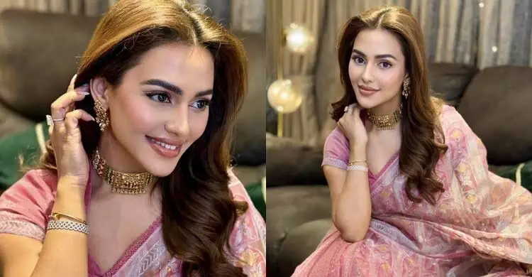 গোলাপি শাড়ির জমকালো আমেজে অপরূপ ফারিয়া