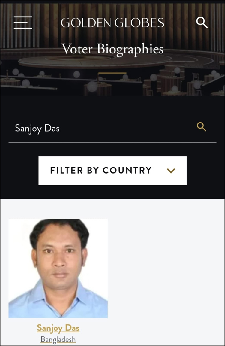 ‘গোল্ডেন গ্লোব অ্যাওয়ার্ডস’র ভোটার হলেন বাংলাদেশের পার্থ সনজয়