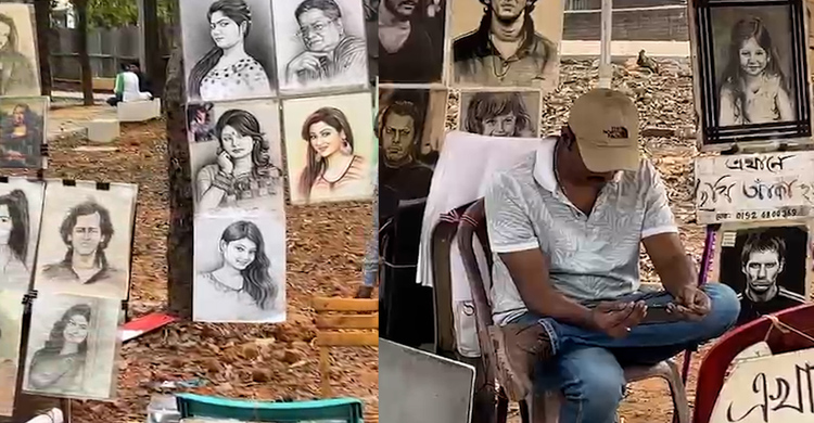 বইমেলায় ছবি এঁকে পাঠকদের দৃষ্টি আকর্ষণ করছেন চিত্রশিল্পীরা