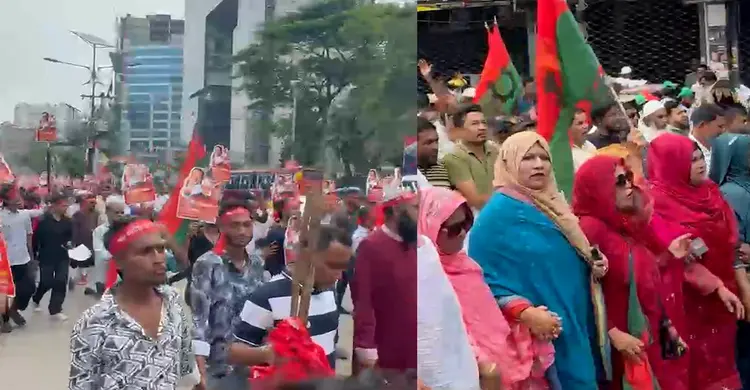 স্লোগানে স্লোগানে সমাবেশ যোগ দিচ্ছেন শ্রমিক দলের নেতাকর্মীরা