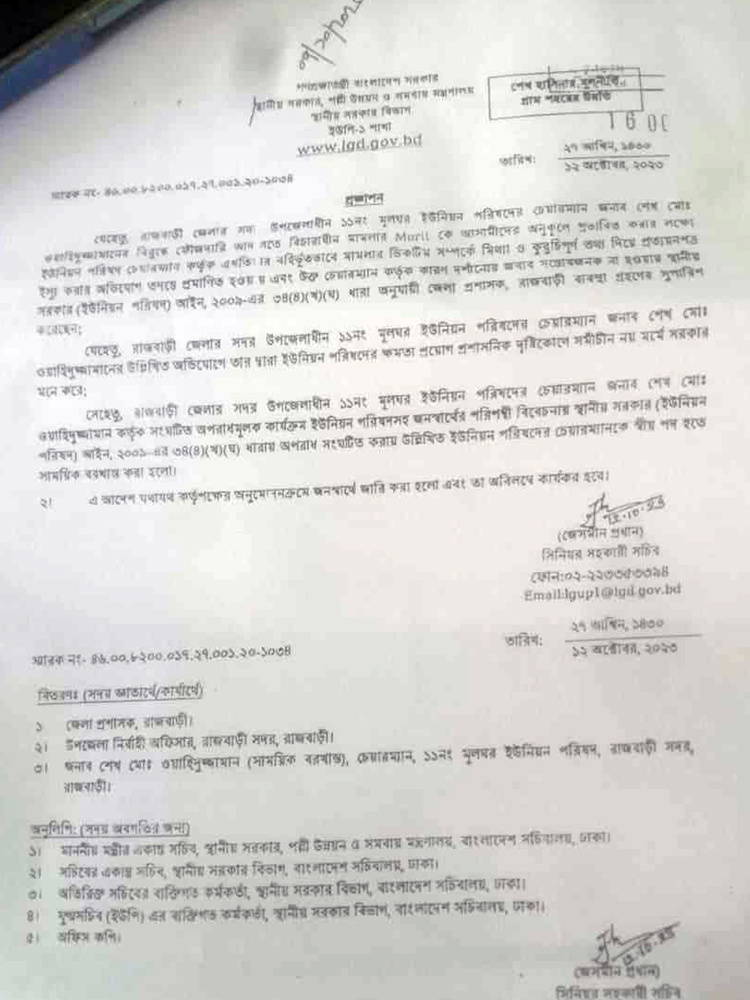 রাজবাড়ীর মুলঘর ইউনিয়নের চেয়ারম্যান বরখাস্ত