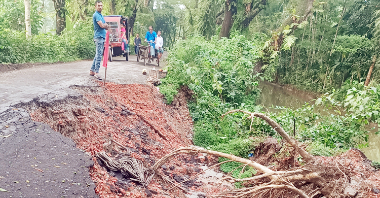 সড়ক ধসে খালে, ভারী যানচলাচল বন্ধ