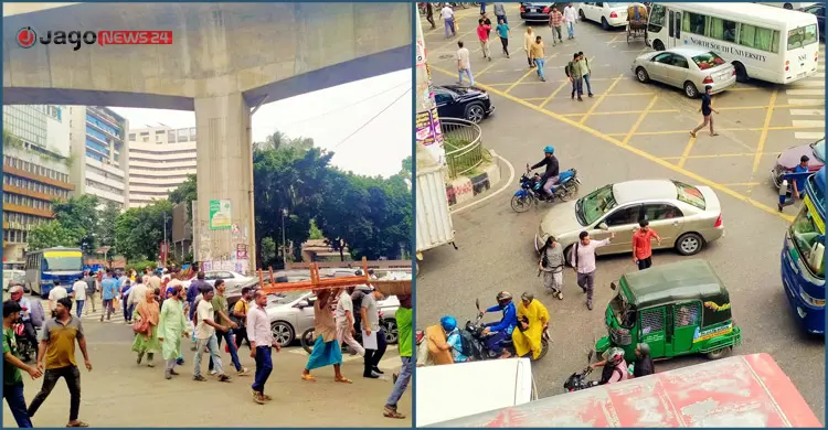 রাজধানীর কারওয়ান বাজারের সার্ক ফোয়ার মোড়ে চলন্ত গাড়ির সামনে দিয়ে চলছে সড়ক পারাপার/ছবি: জাগো নিউজ