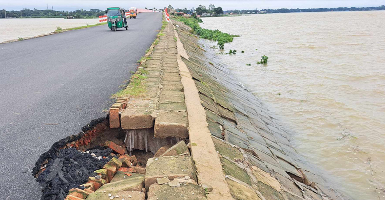 নেত্রকোনায় বৃষ্টিতে ব্লক ধসে ঝুঁকিতে সড়ক