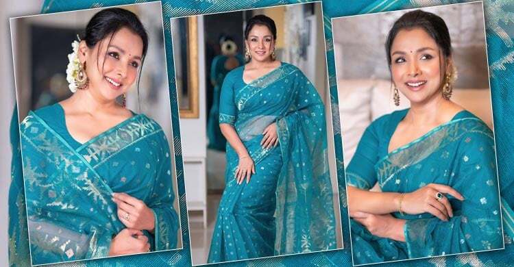 সমুদ্র-নীল জামদানিতে চোখ জুড়ালেন রুনা খান