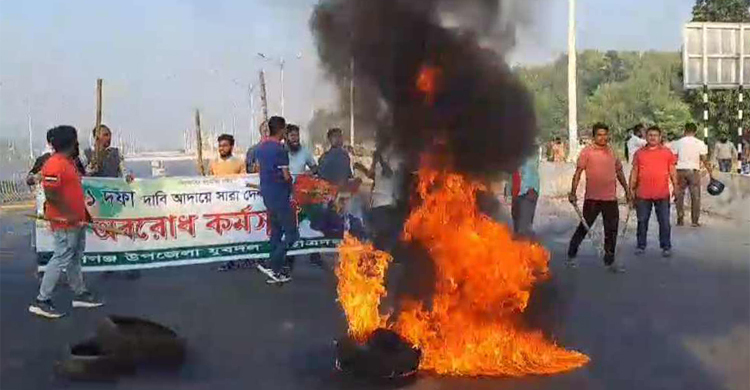 ৩০০ ফিট সড়কে টায়ার জ্বালিয়ে ছাত্রদল-যুবদলের বিক্ষোভ