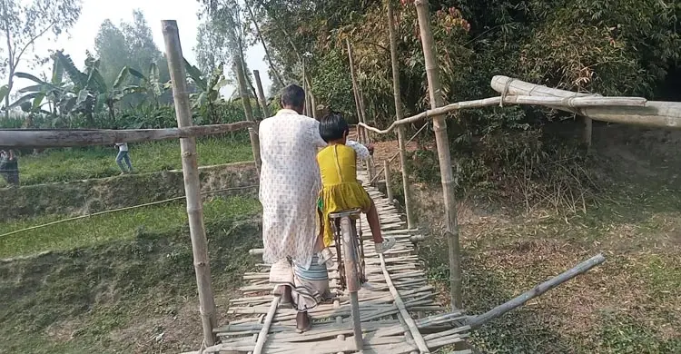 খাল পারাপারে ভরসা নড়বড়ে বাঁশের সাঁকো