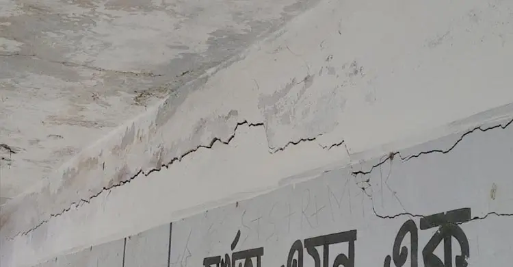 পলেস্তারা খসে বেরিয়েছে রড, ঝুঁকি নিয়েই পাঠদান