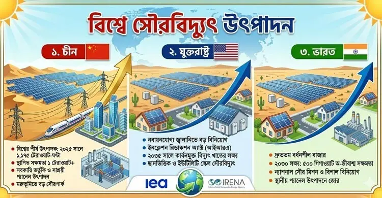 সৌরবিদ্যুৎ উৎপাদনে বিশ্বে এগিয়ে চীন, দ্রুত এগোচ্ছে ভারত-যুক্তরাষ্ট্র