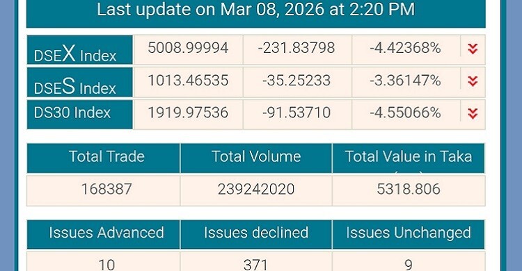 আতঙ্কে মাত্রাতিরিক্ত বিক্রির চাপে শেয়ারবাজারে ধস 