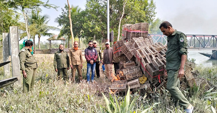 সুন্দরবনে কাঁকড়া ধরার নিষিদ্ধ আটন পুড়িয়ে ধ্বংস