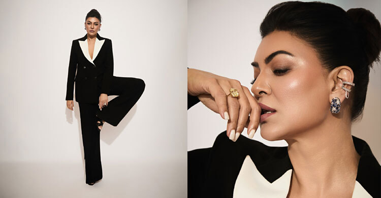 কালো ব্লেজার-ফ্লেয়ার্ড ট্রাউজারে সুস্মিতার রাজকীয় উপস্থিতি