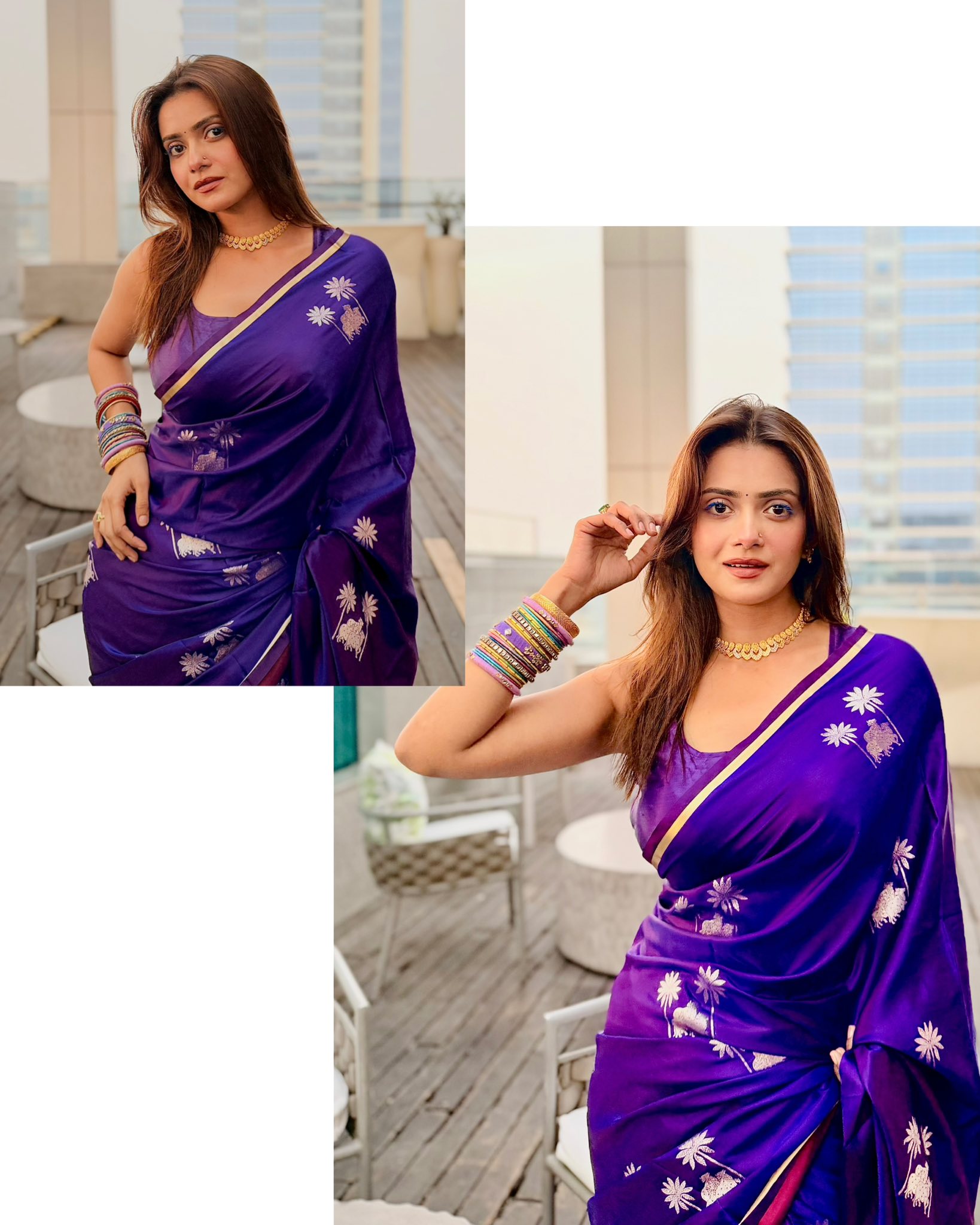 গাঢ় বেগুনিতে তিশার রাজসিক লুক