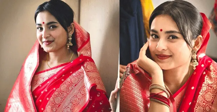লাল বেনারসিতে তটিনী, মিনিমাল সাজেই ফুটে উঠলো রাজকীয় আভিজাত্য