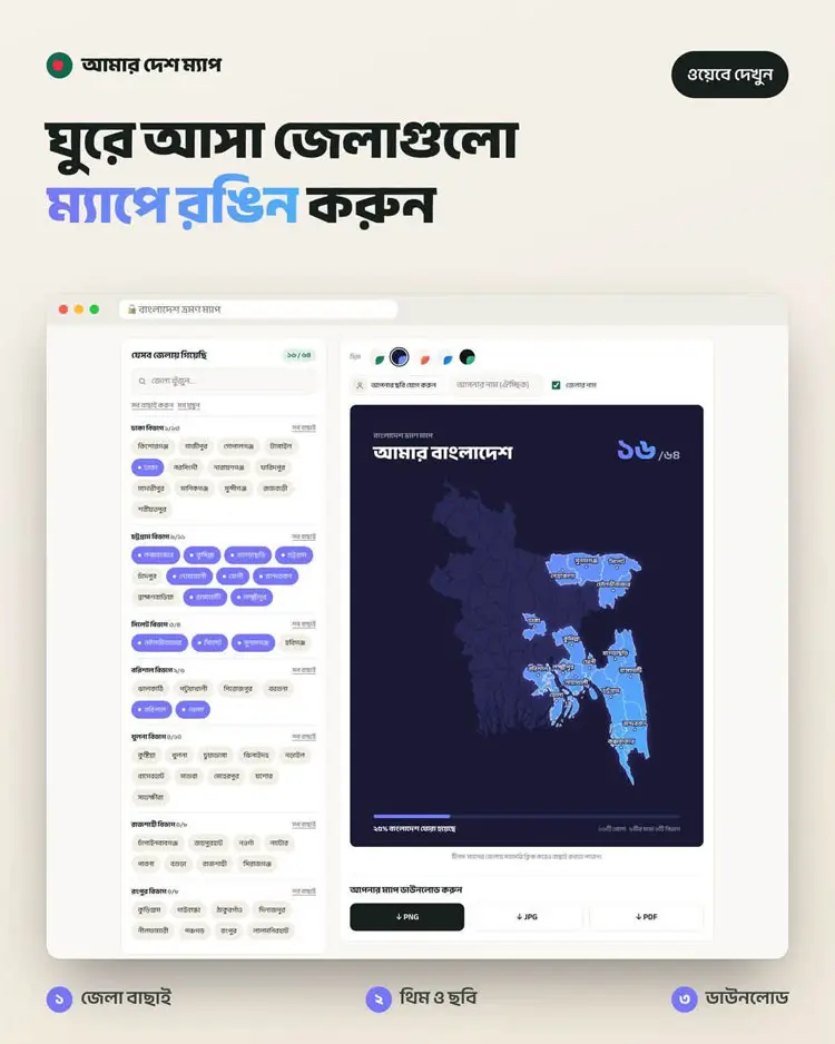 ঘুরে আসা জেলাগুলো ম্যাপে রঙিন করুন, ছবি: সাব্বির হোসেন রবিনের ফেসবুক থেকে