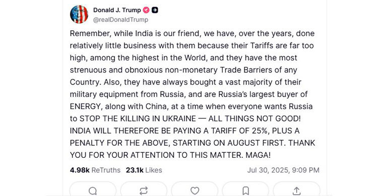 Trump imposes 25% tariffs and additional penalty on India