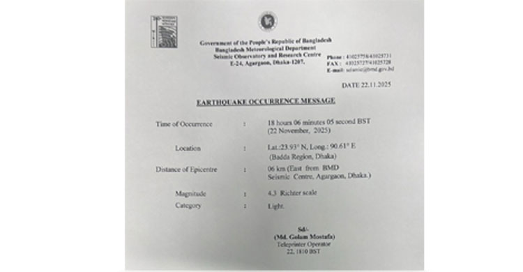 সকালে নরসিংদী, সন্ধ্যায় ভূমিকম্পের উৎপত্তি ঢাকার বাড্ডায়