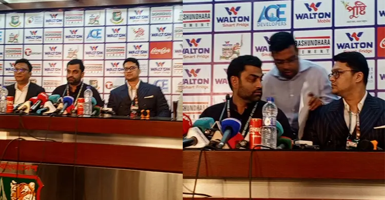 সংবাদ সম্মেলনে তামিম ইকবালের পাশে সালাউদ্দিন পুত্র ইব্রাহিম আহমেদ