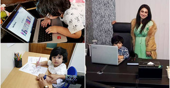 ল্যাপটপ নিয়ে ব্যস্ত শাকিব অপুর ছেলে জয়