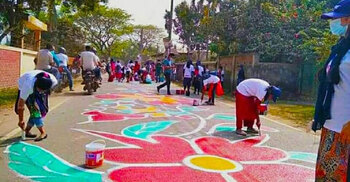 World’s largest alpona drawn with Rainbow Paints in Gaibandha