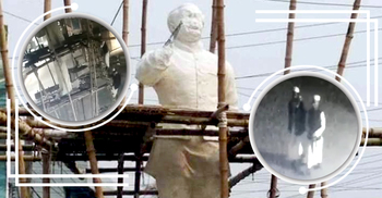 কুষ্টিয়ায় বঙ্গবন্ধুর ভাস্কর্য ভাঙচুর করে টুপি পরা দুই যুবক