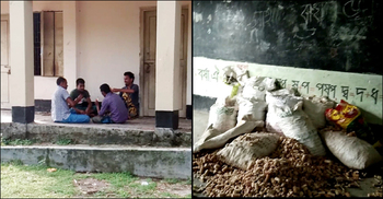 বন্ধ বিদ্যালয়ের বারান্দায় তাসের আসর, শ্রেণিকক্ষে ভুট্টার মোচা