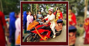 বর-কনে-যাত্রী সবাই মোটরসাইকেলে