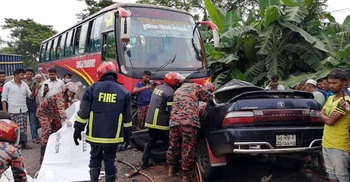 Five die as bus rams private car