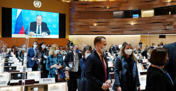 Dozens of diplomats walk out on Russian foreign minister’s speech