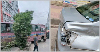 বাড্ডায় সড়ক বিভাজকে উঠে গেলো বাস, প্রাইভেটকারে ধাক্কা