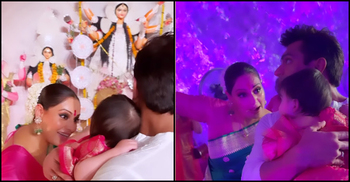 মেয়েকে নিয়ে পূজামণ্ডপে বিপাশা