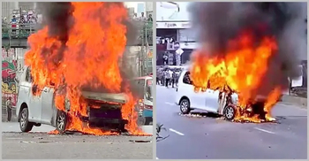 Microbus catches fire in Farmgate