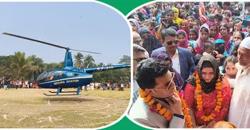 হেলিকপ্টারে বরকে নিয়ে বাবার বাড়িতে কনে