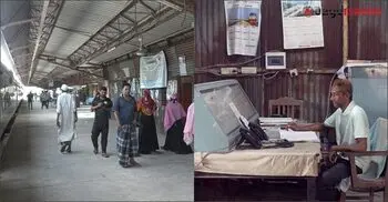 বৃষ্টিতে ছাতা মাথায় অফিস, দাঁড়িয়ে সময় কাটে যাত্রীদের