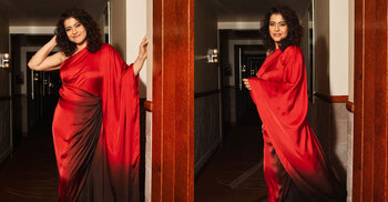 লালের রাজকীয়তায় কাজলের নতুন রেড-কার্পেট লুক