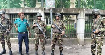 Protest outside Fazlur’s Dhaka house; army personnel deployed