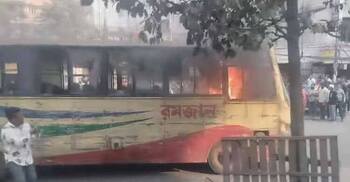 Bus torched after it kills motorcyclist at Rampura