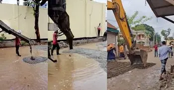 হাঁটুপানিতে সড়কে ঢালাই, ভিডিও ভাইরাল