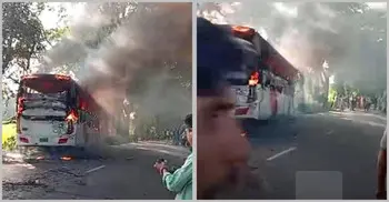 চলন্ত বাসে আগুন, লাফিয়ে নামার সময় চাকায় পিষ্ট হয়ে যাত্রীর মৃত্যু