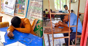 ক্লাসের অপেক্ষায় শিক্ষার্থীরা, স্কুলেই ঘুমাচ্ছেন দুই শিক্ষক