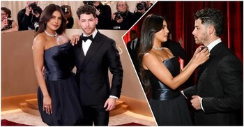 গোল্ডেন গ্লোবের লাল গালিচায় স্বামীর টাই ঠিক করে ভাইরাল প্রিয়াঙ্কা