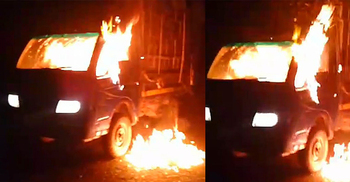 কিশোরগঞ্জে টায়ার পুড়িয়ে বিক্ষোভ, পিকআপে আগুন