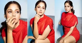 লাল মিনি ড্রেসে আত্মবিশ্বাসী তৃণা