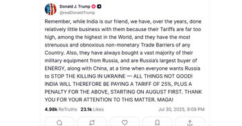 Trump imposes 25% tariffs and additional penalty on India