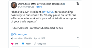 Yunus thanks Trump for positive response to tariff pause request