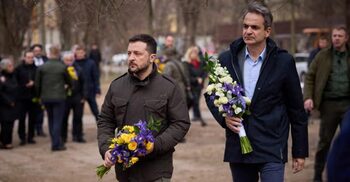 Russian missiles strike near Zelenskiy and visiting Greek PM