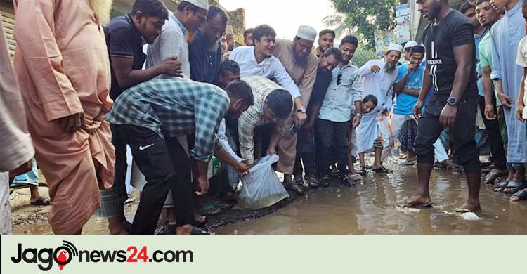 ভাঙা সড়কে মাছ ছেড়ে হাসনাত আবদুল্লাহর প্রতিবাদ